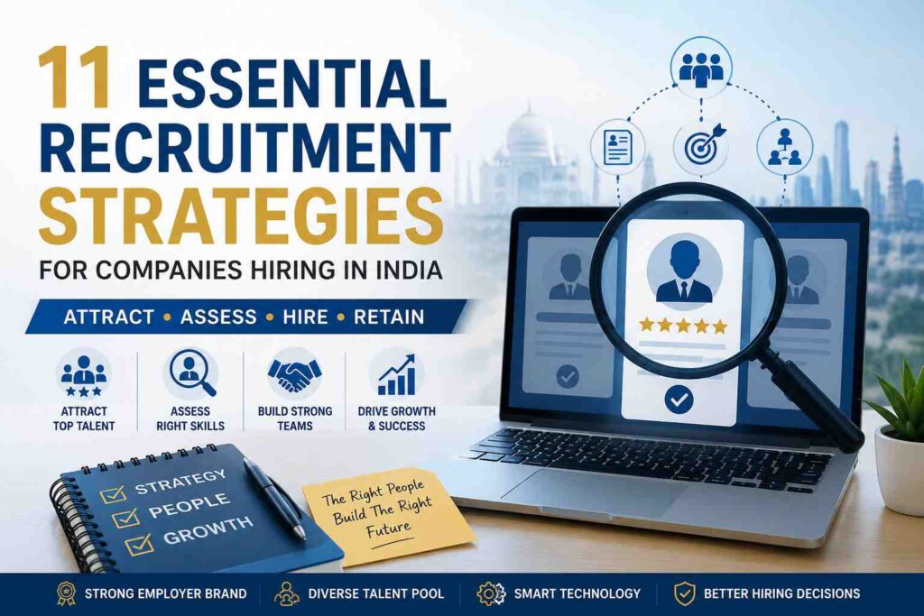 11 Essential Recruitment Strategies for Companies Hiring in India featuring talent acquisition, candidate screening, employer branding, and workforce planning concepts.