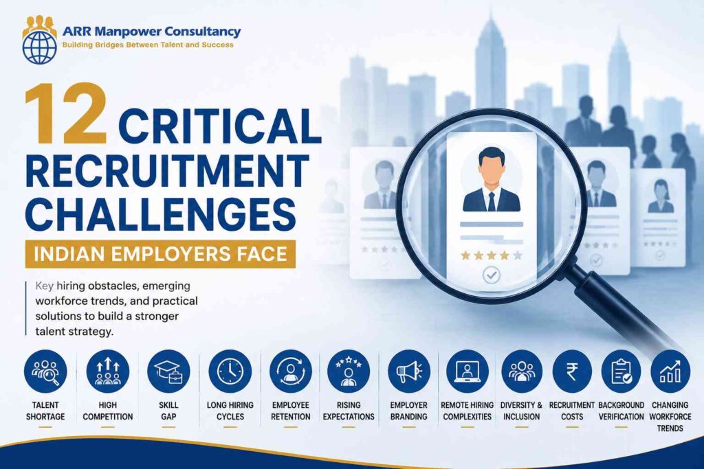 12 critical recruitment challenges faced by Indian employers, including talent shortages, skill gaps, employee retention, hiring costs, and workforce trends.