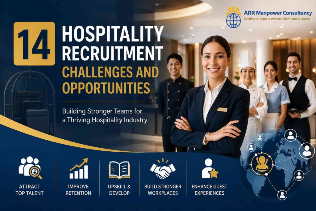 Hospitality recruitment challenges and opportunities featuring hotel professionals, recruitment icons, talent acquisition strategies, employee retention, workforce development, and guest experience enhancement.