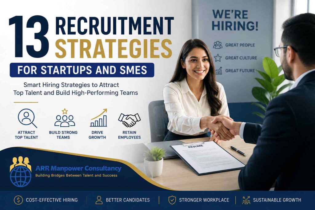 Professional recruitment interview between a hiring manager and candidate illustrating 13 recruitment strategies for startups and SMEs to attract top talent, build strong teams, and drive business growth.