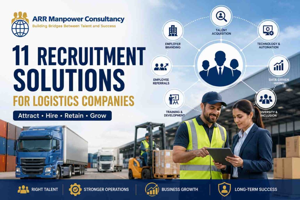 11 Recruitment Solutions for Logistics Companies featured image showing logistics professionals, trucks, warehouse operations, and recruitment strategy icons focused on talent acquisition, employee referrals, training, diversity, and workforce growth.
