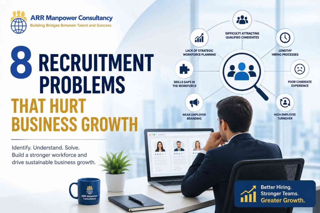 Business professional reviewing candidate profiles with infographic highlighting eight recruitment problems that hurt business growth, including hiring delays, talent shortages, skills gaps, employee turnover, and employer branding challenges.