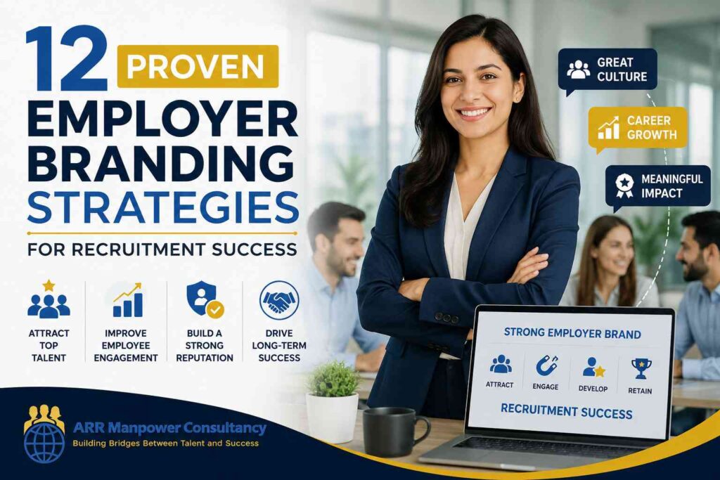 Professional featured image illustrating 12 proven employer branding strategies for recruitment success, featuring a confident HR professional, workplace collaboration, recruitment icons, career growth, company culture, employee engagement, and the ARR Manpower Consultancy logo.