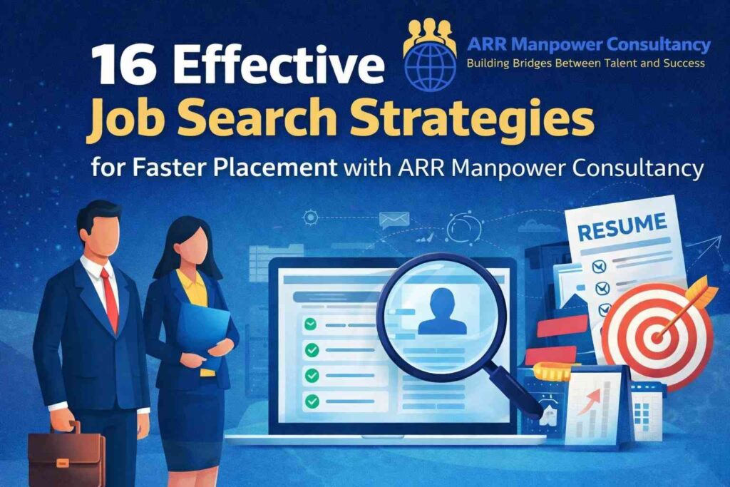 16 Effective Job Search Strategies for Faster Placement with ARR Manpower Consultancy featuring professionals, resume optimization, online applications, career planning, and recruitment success tools.