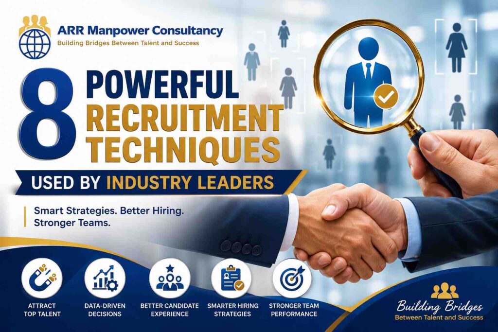 8 Powerful Recruitment Techniques Used by Industry Leaders featuring talent acquisition strategies, candidate selection, employer branding, and modern hiring practices by ARR Manpower Consultancy.