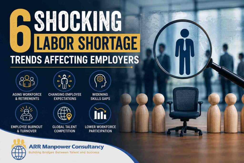 Infographic highlighting six labor shortage trends affecting employers, including workforce retirements, skills gaps, employee burnout, changing expectations, talent competition, and lower workforce participation.