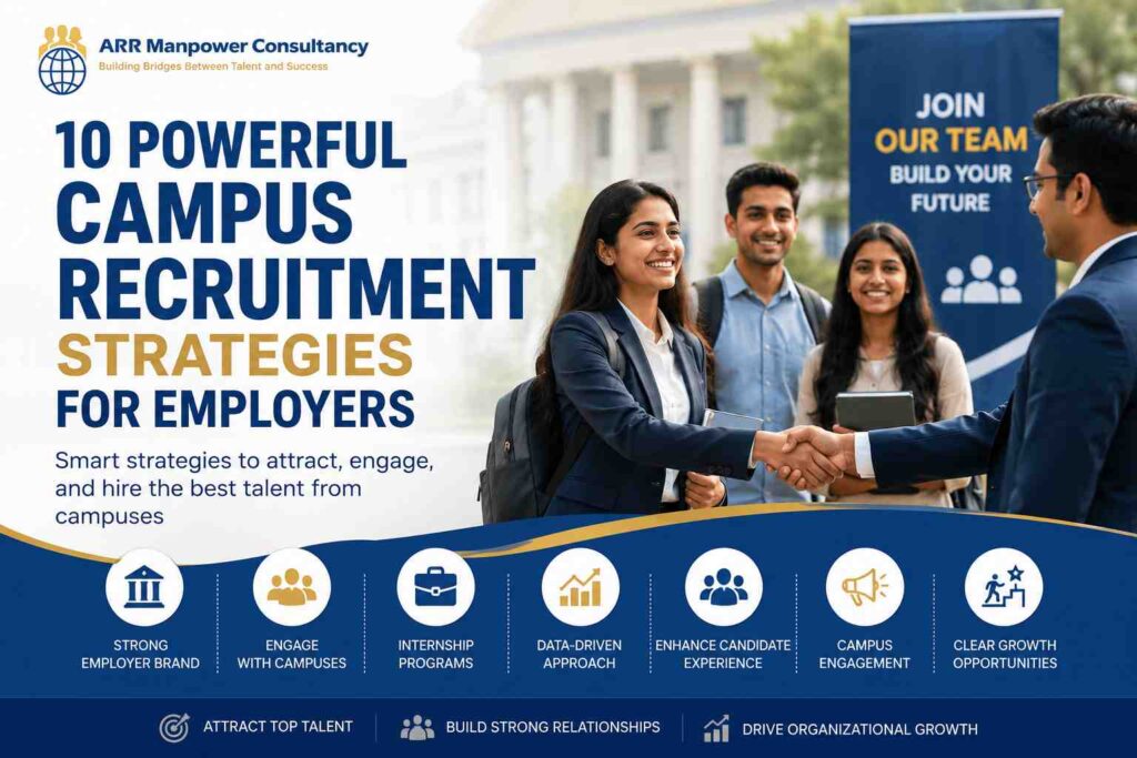10 Powerful Campus Recruitment Strategies for Employers featuring students and recruiters at a university hiring event discussing graduate recruitment opportunities.