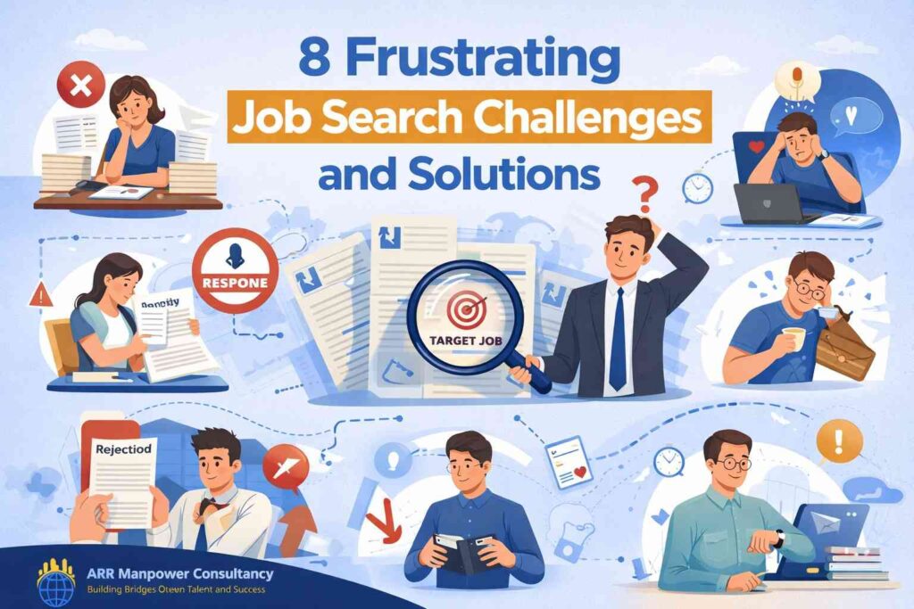Job seeker overcoming common job search challenges including interview anxiety, resume rejection, competition, networking, and career planning, with ARR Manpower Consultancy branding highlighting practical solutions for career success.