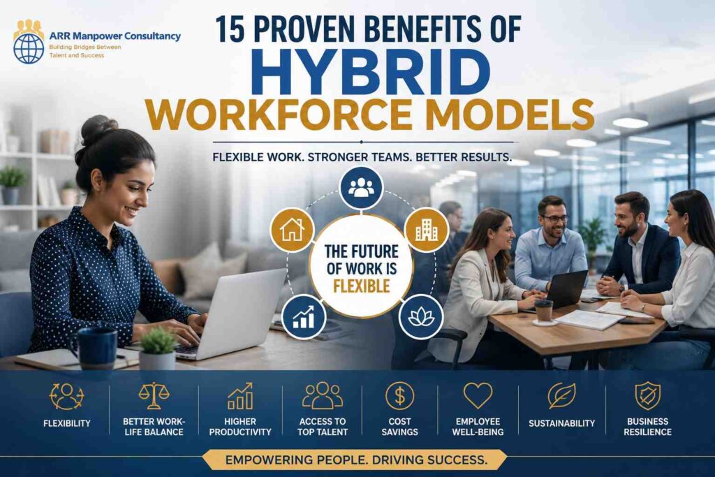 15 proven benefits of hybrid workforce models featuring remote and office employees collaborating in a flexible work environment