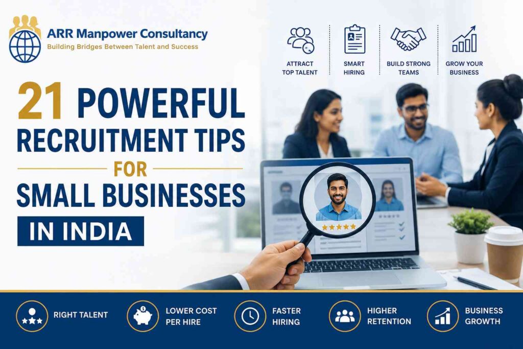 21 Powerful Recruitment Tips for Small Businesses in India featuring a hiring manager reviewing candidate profiles on a laptop, with business professionals discussing recruitment strategies in a modern office environment.