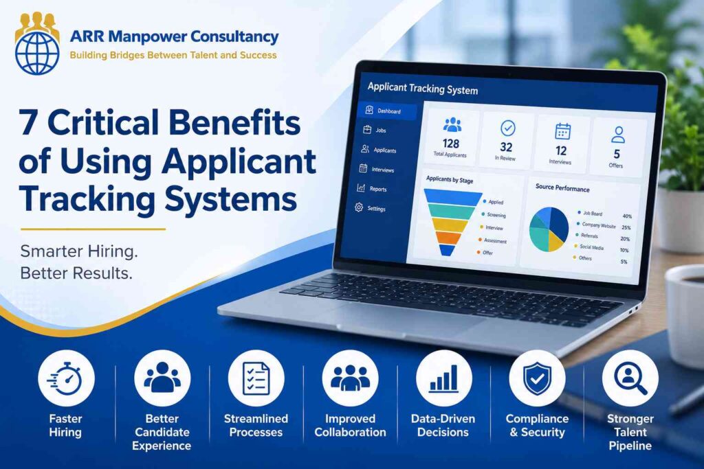 Professional Applicant Tracking System dashboard displayed on a laptop, highlighting the 7 critical benefits of using Applicant Tracking Systems, including faster hiring, better candidate experience, streamlined recruitment processes, improved collaboration, data-driven decisions, compliance, and stronger talent pipelines.
