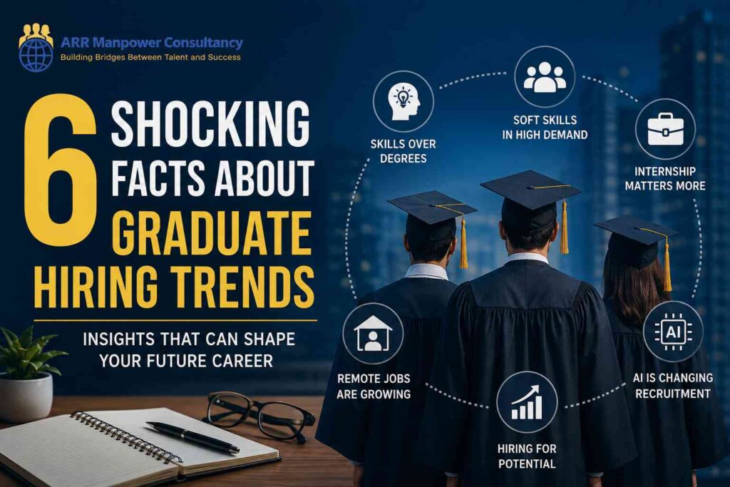 6 Shocking Facts About Graduate Hiring Trends featured image showing graduates in caps and gowns facing a city skyline, with icons representing skills over degrees, AI recruitment, internships, remote jobs, and hiring for potential.
