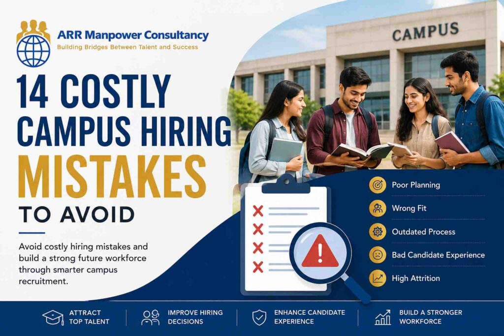 Students standing outside a college campus with recruitment-themed graphics highlighting 14 costly campus hiring mistakes to avoid, featuring ARR Manpower Consultancy branding and key hiring challenges.