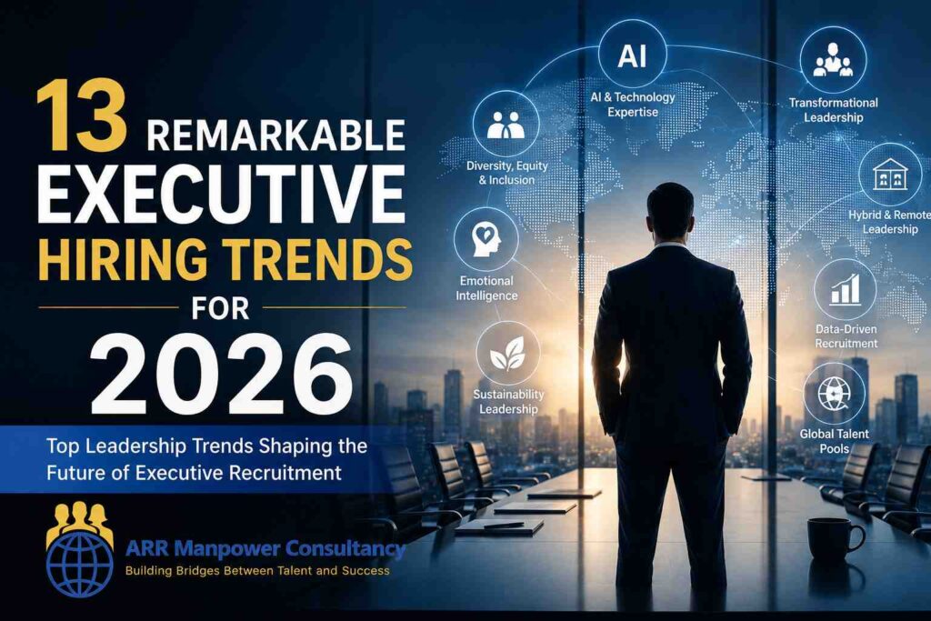 Executive leader standing in a modern boardroom overlooking a city skyline, surrounded by digital icons representing AI, diversity, sustainability, remote leadership, and global talent trends for executive hiring in 2026.