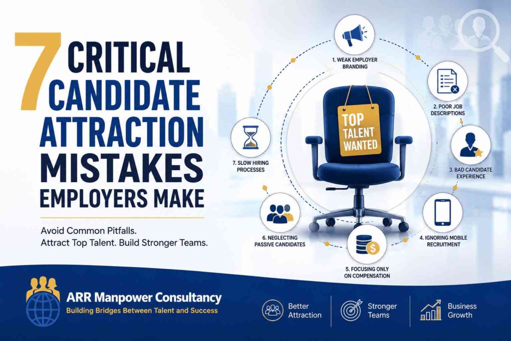 Illustration highlighting seven critical candidate attraction mistakes employers make, including weak employer branding, poor job descriptions, bad candidate experience, ignoring mobile recruitment, focusing only on compensation, neglecting passive candidates, and slow hiring processes.