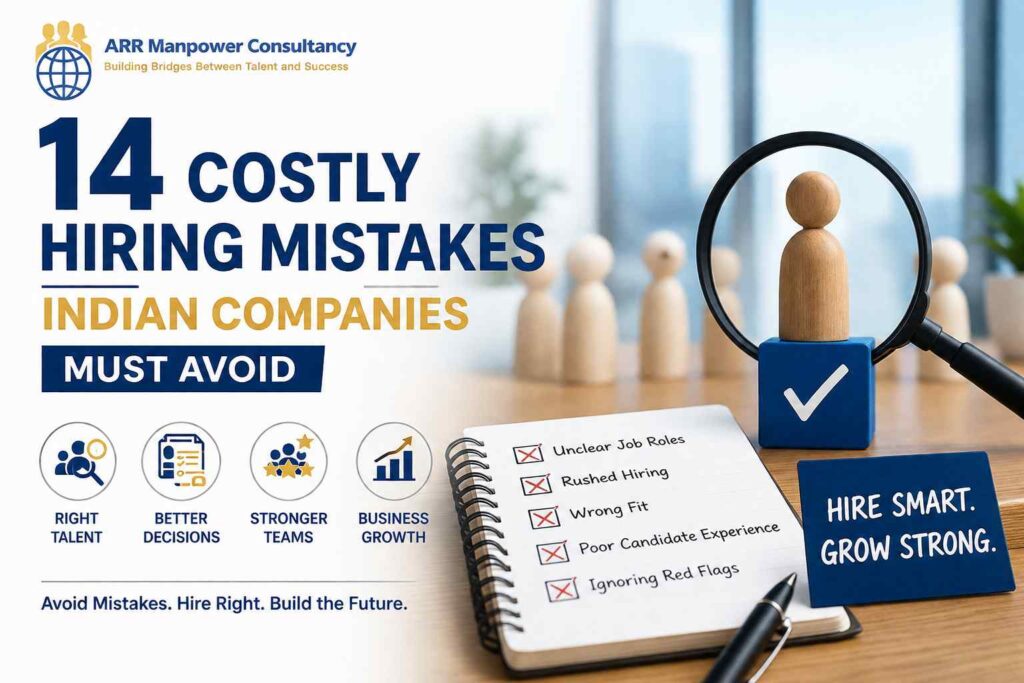 Professional recruitment-themed featured image showing a candidate under a magnifying glass with the headline “14 Costly Hiring Mistakes Indian Companies Must Avoid,” alongside hiring evaluation icons, a checklist of common recruitment errors, and ARR Manpower Consultancy branding.