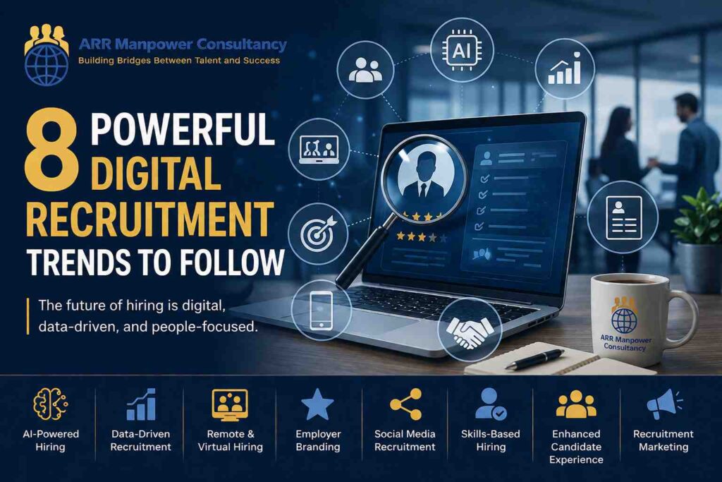 Featured image for "8 Powerful Digital Recruitment Trends to Follow" showing a laptop with a digital candidate profile, AI recruitment icons, analytics dashboards, virtual hiring symbols, and ARR Manpower Consultancy branding in a modern office setting.