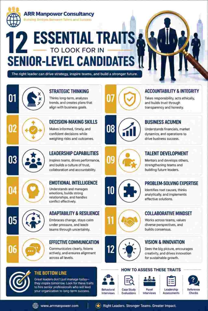 Infographic outlining 12 essential traits to look for in senior-level candidates, including strategic thinking, decision-making, leadership, emotional intelligence, adaptability, communication, integrity, business acumen, talent development, problem-solving, collaboration, and innovation.