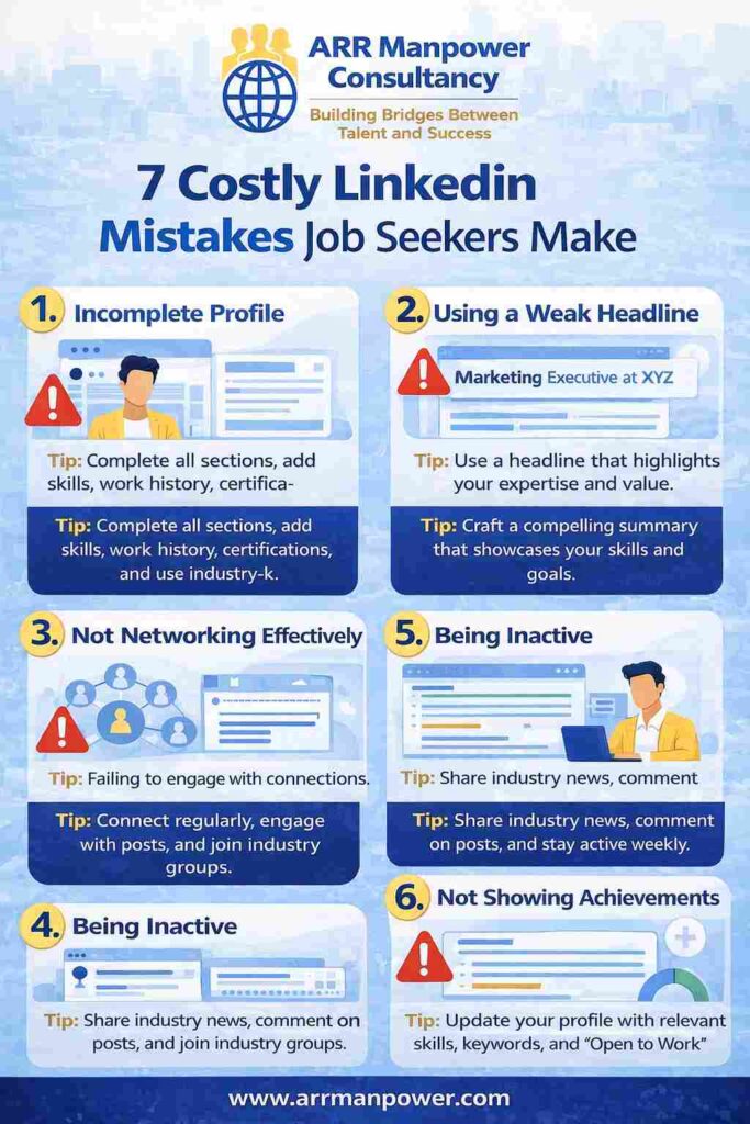 Infographic highlighting the 7 costly LinkedIn mistakes job seekers make, including incomplete profiles, weak headlines, poor networking, inactivity, and lack of achievements, with actionable tips from ARR Manpower Consultancy.