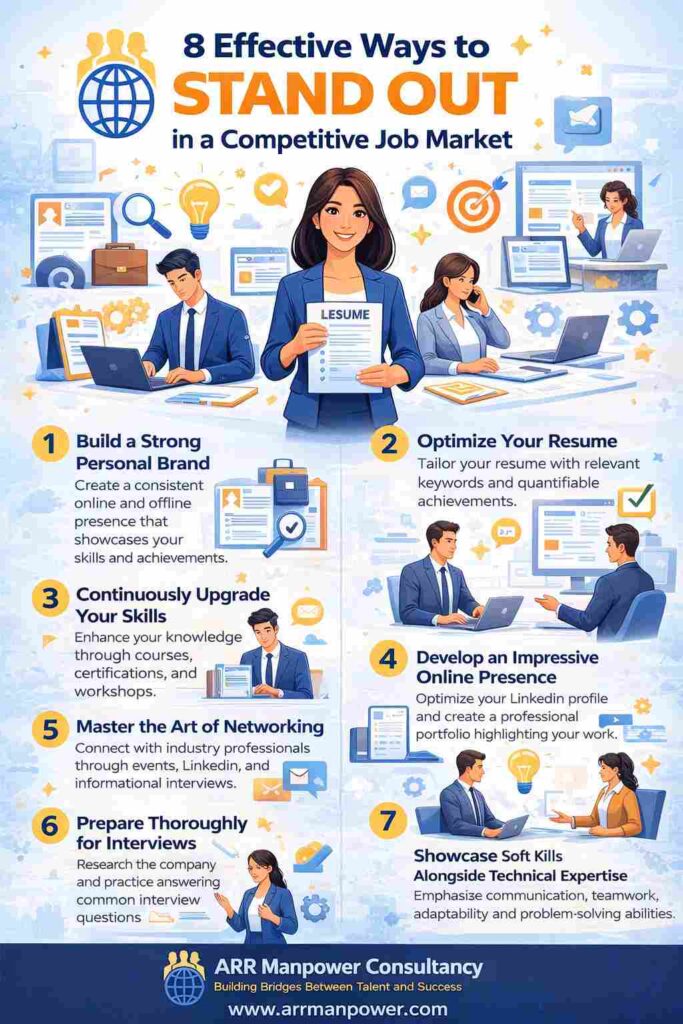 Infographic illustrating 8 effective ways to stand out in a competitive job market, including personal branding, resume optimization, skill development, networking, interview preparation, and online presence.