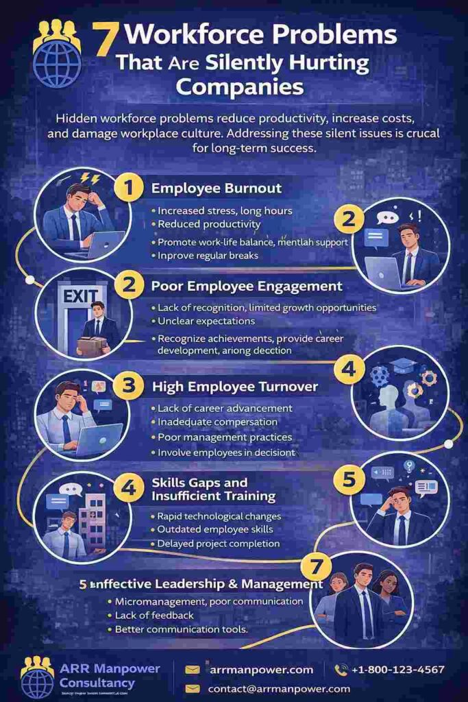 Infographic highlighting 7 workforce problems that are silently hurting companies, including employee burnout, poor engagement, high turnover, skills gaps, ineffective leadership, communication challenges, and lack of workplace inclusion.