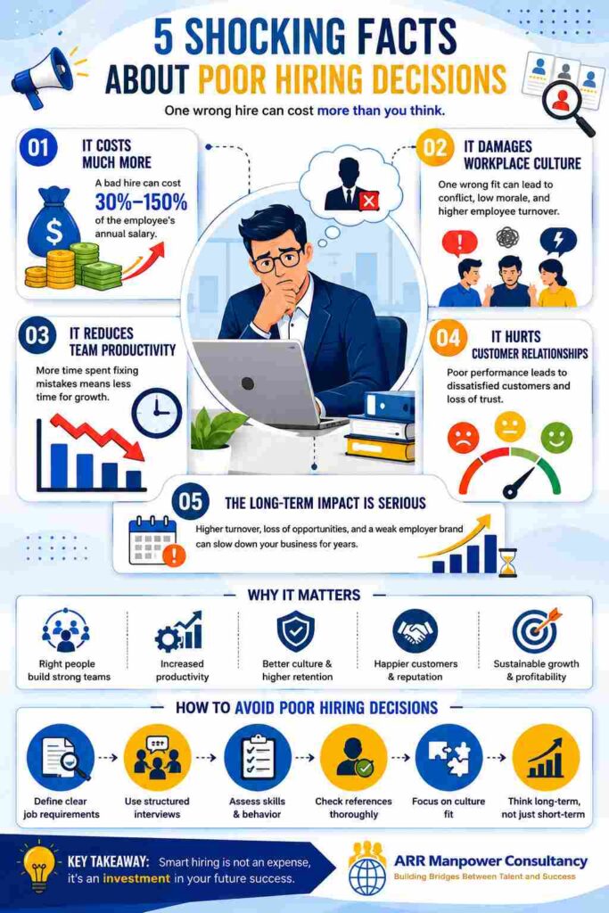 Infographic illustrating five shocking facts about poor hiring decisions, including increased hiring costs, damaged workplace culture, reduced team productivity, weakened customer relationships, and long-term business impact, along with strategies to improve recruitment outcomes.