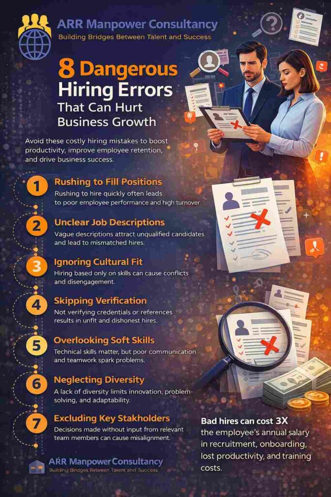 Infographic highlighting eight dangerous hiring errors that can hurt business growth, including rushed recruitment, unclear job descriptions, poor cultural fit, and lack of candidate verification.