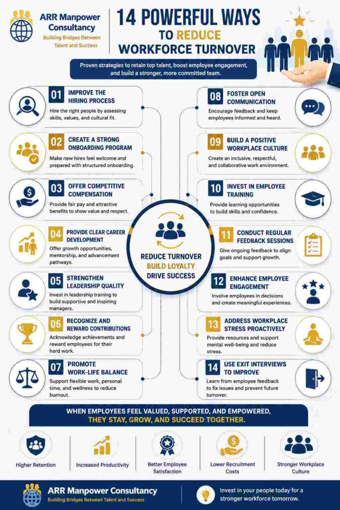 Infographic showing 14 powerful ways to reduce workforce turnover, including hiring improvements, onboarding, employee engagement, leadership development, workplace culture, and retention strategies for long-term business success.