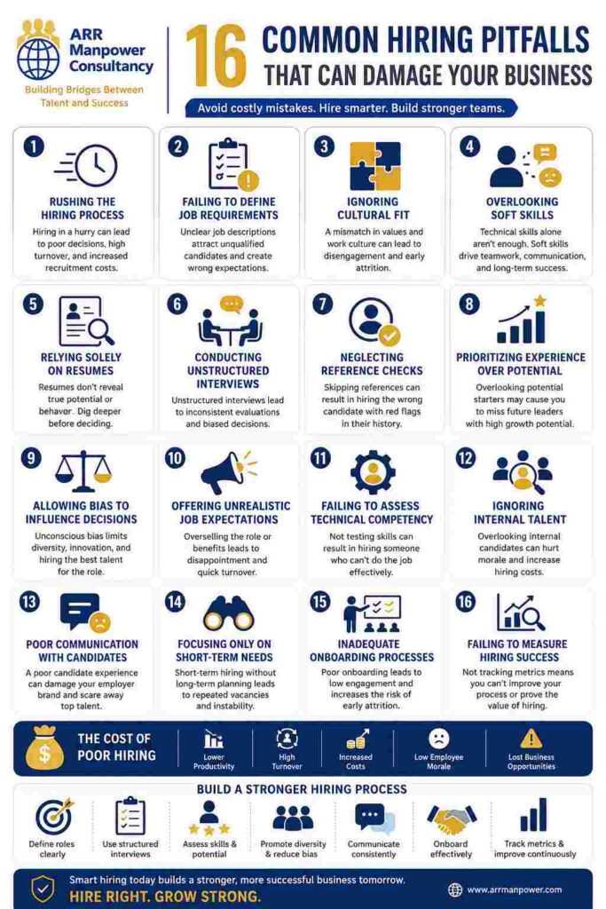 Infographic by ARR Manpower Consultancy highlighting 16 common hiring pitfalls that can damage a business, including rushed recruitment, poor job descriptions, cultural misfit, weak candidate screening, interview bias, inadequate onboarding, and failure to measure hiring success. The visual also outlines the costs of poor hiring and provides practical strategies for building a stronger recruitment process.