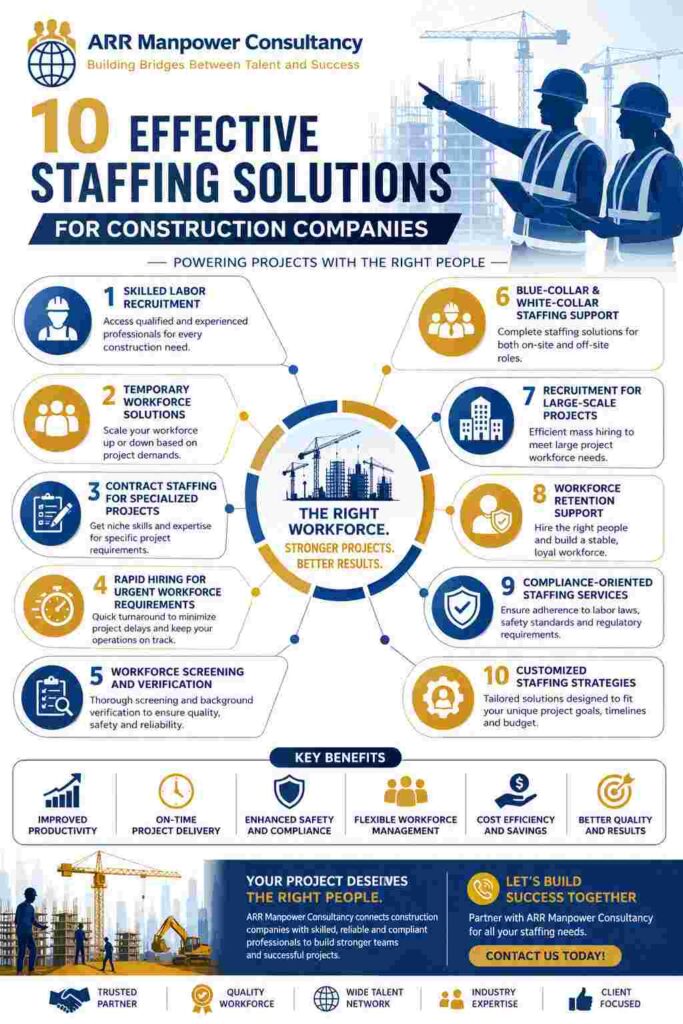 Infographic showing 10 effective staffing solutions for construction companies, including skilled labor recruitment, temporary staffing, contract hiring, workforce screening, compliance support, and customized workforce strategies by ARR Manpower Consultancy.