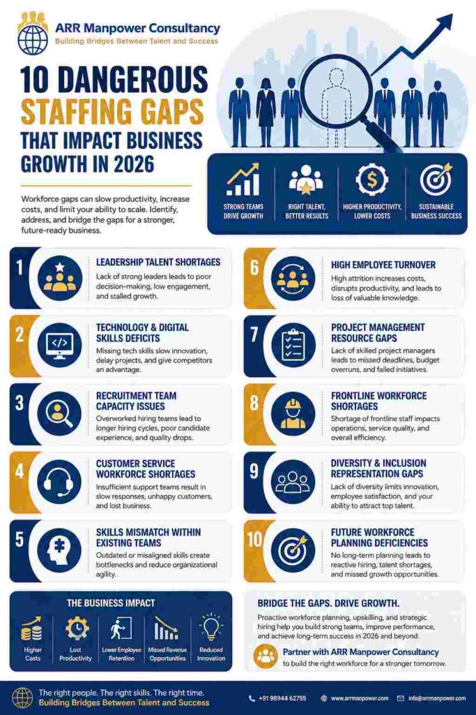Infographic highlighting the 10 dangerous staffing gaps that impact business growth in 2026, including leadership shortages, skills deficits, employee turnover, workforce planning challenges, and recruitment issues.