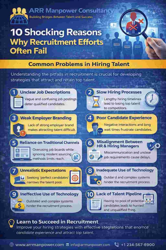 Infographic highlighting the 10 shocking reasons why recruitment efforts often fail, including unclear job descriptions, slow hiring processes, weak employer branding, poor candidate experience, and lack of talent pipeline development.