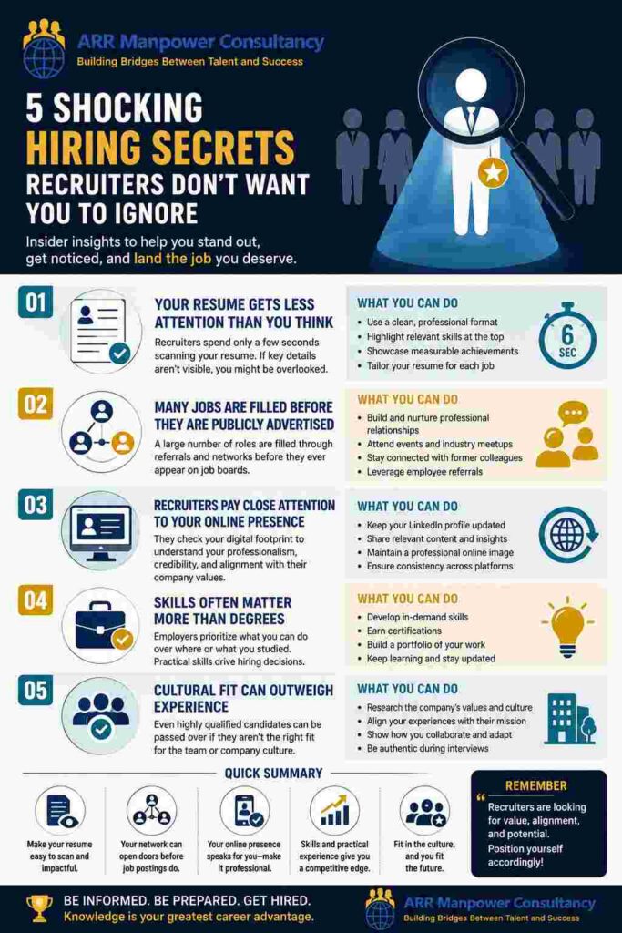 Infographic highlighting five hiring secrets recruiters use, including resume screening, hidden job opportunities, online presence evaluation, skill-based hiring, and cultural fit assessment for job seekers.