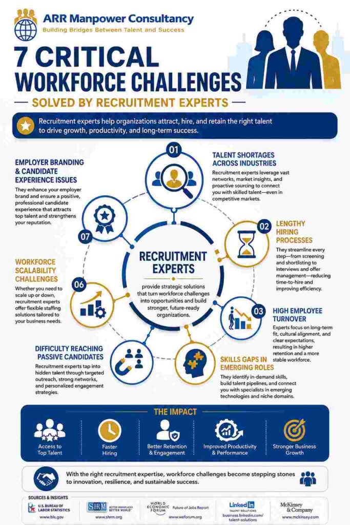 Infographic illustrating the seven critical workforce challenges solved by recruitment experts, including talent shortages, lengthy hiring processes, employee turnover, skills gaps, passive candidate sourcing, workforce scalability, and employer branding.