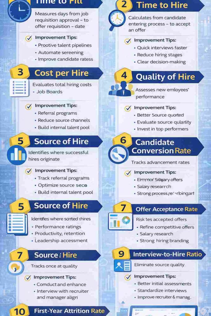 Infographic showcasing 13 essential recruitment metrics including time to fill, time to hire, cost per hire, quality of hire, source of hire, candidate conversion rate, offer acceptance rate, and other hiring performance indicators for better recruitment decisions.