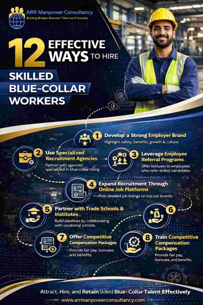 Infographic illustrating 12 effective strategies to hire skilled blue-collar workers, including recruitment channels, employee referrals, training programs, competitive wages, and workforce retention practices.
