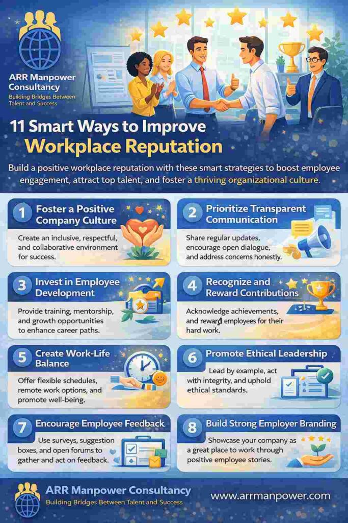 Infographic highlighting 11 smart ways to improve workplace reputation, including company culture, transparent communication, employee development, recognition, work-life balance, ethical leadership, feedback, and employer branding.