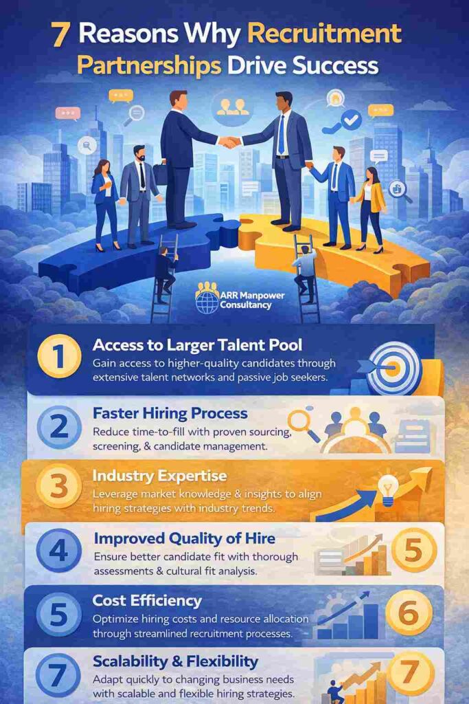 Infographic highlighting seven reasons why recruitment partnerships drive success, including access to talent, faster hiring, industry expertise, improved hiring quality, cost efficiency, scalability, and workforce flexibility.