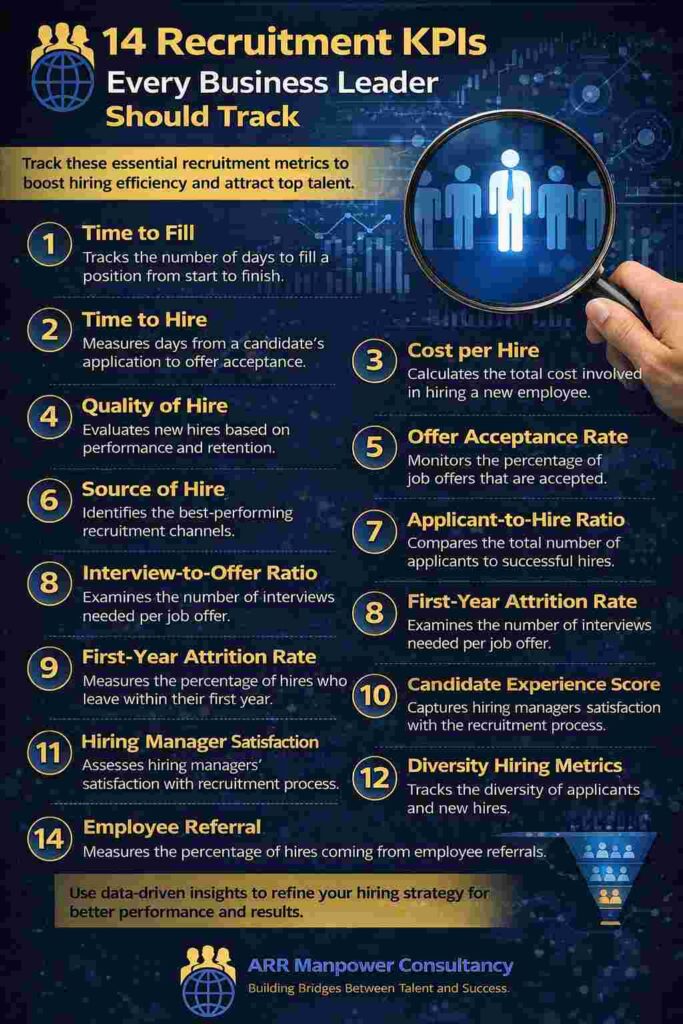 Infographic highlighting 14 essential recruitment KPIs, including time to fill, cost per hire, quality of hire, and candidate experience score, designed to help business leaders improve hiring performance and recruitment efficiency.