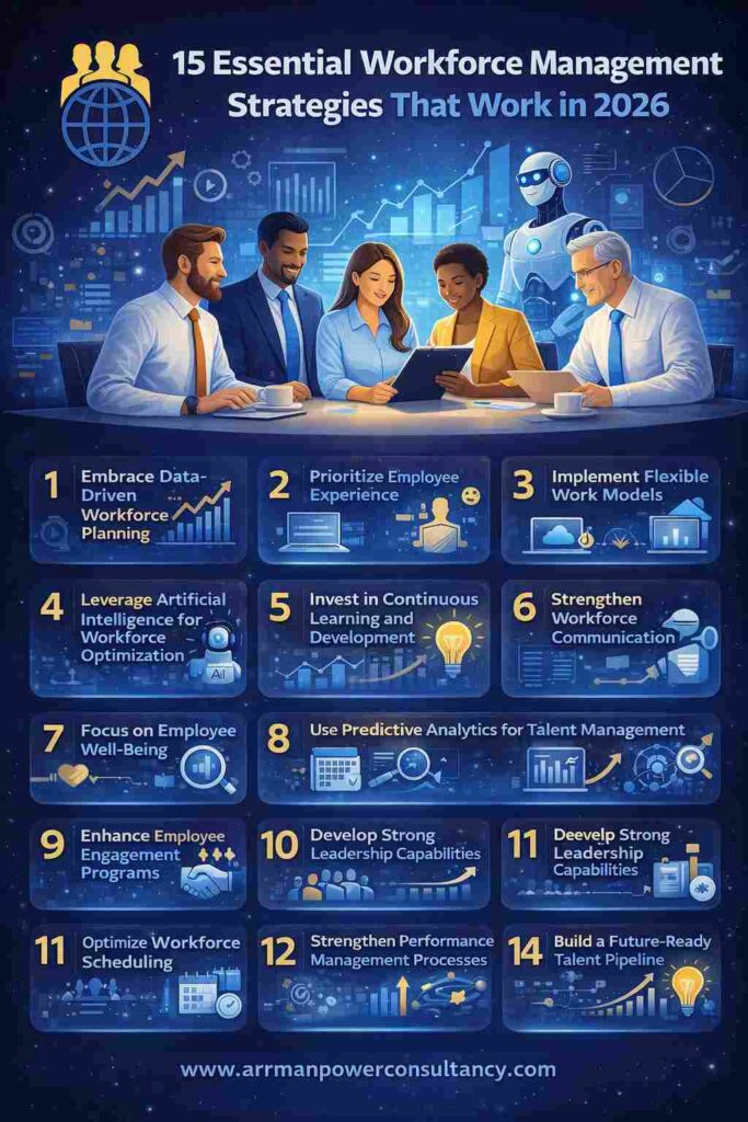 Infographic highlighting 15 essential workforce management strategies for 2026, featuring AI-powered workforce planning, employee engagement, flexible work models, leadership development, talent management, and workforce optimization.