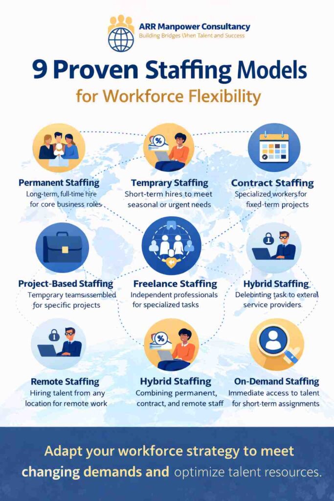 Infographic illustrating nine proven staffing models for workforce flexibility, including permanent, temporary, contract, project-based, freelance, remote, hybrid, outsourced, and on-demand staffing solutions.