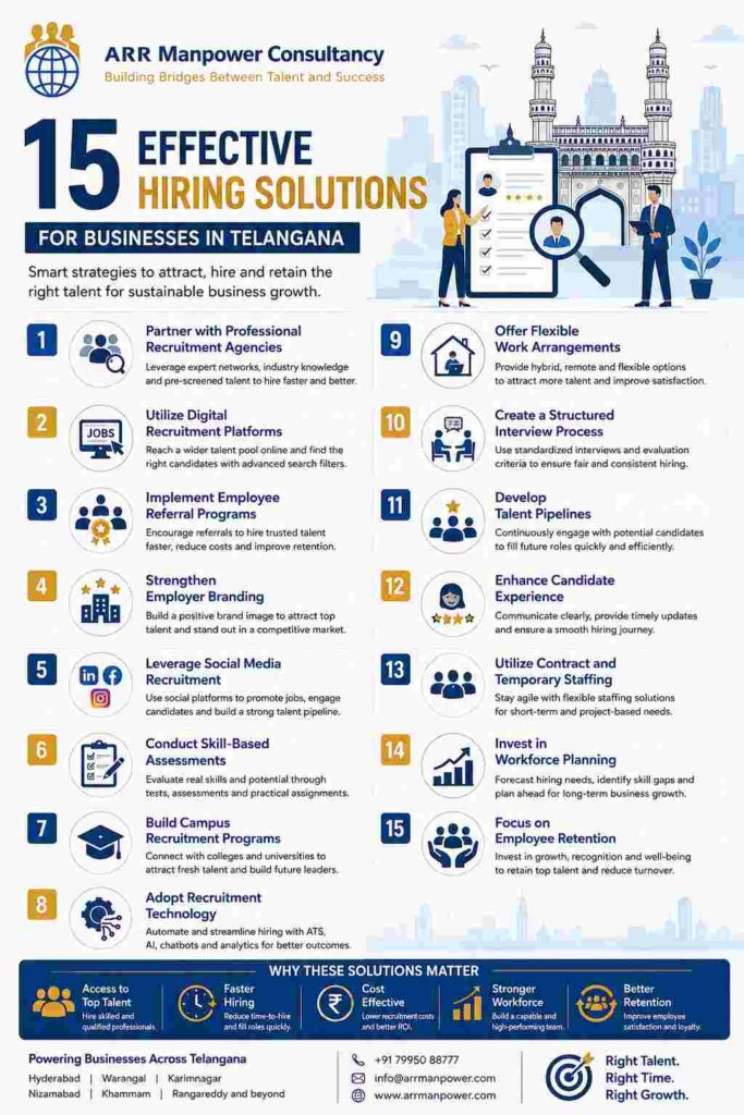 Infographic showcasing 15 effective hiring solutions for businesses in Telangana, including recruitment agencies, digital hiring platforms, employee referrals, employer branding, workforce planning, and employee retention strategies by ARR Manpower Consultancy.
