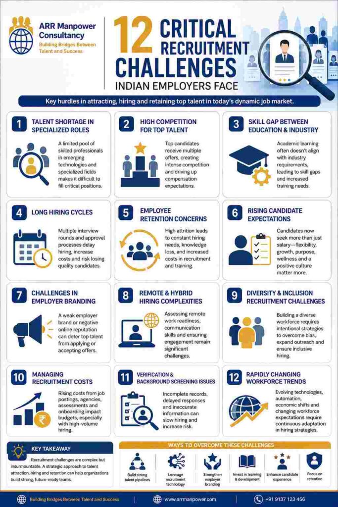 Infographic showing 12 critical recruitment challenges Indian employers face, including talent shortages, skill gaps, employee retention, hiring costs, employer branding, and changing workforce trends.