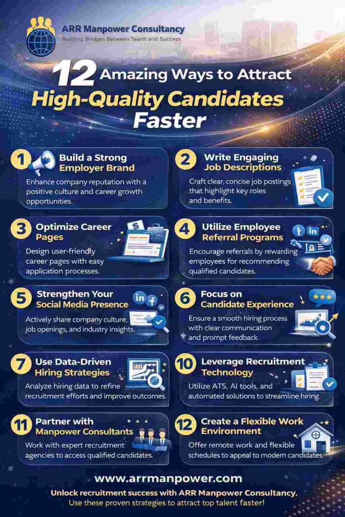 Infographic by ARR Manpower Consultancy showcasing 12 proven strategies to attract high-quality candidates faster, including employer branding, referral programs, recruitment technology, candidate experience, and flexible work environments.