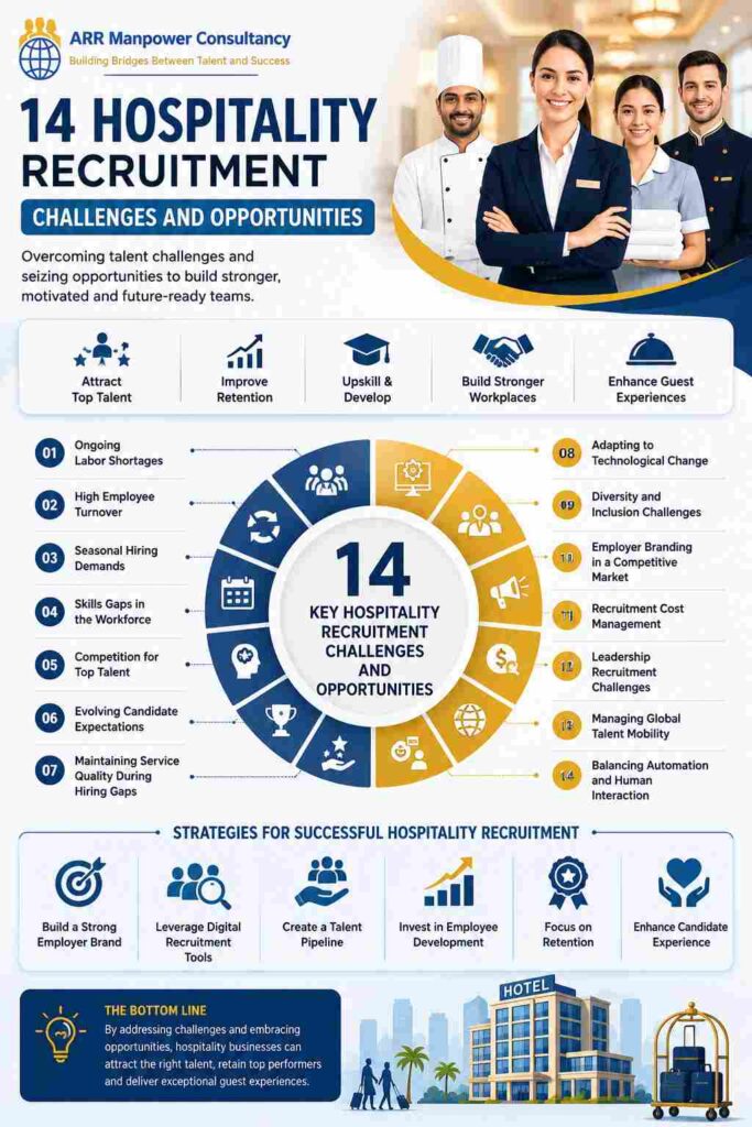 Infographic showcasing 14 hospitality recruitment challenges and opportunities, including labor shortages, employee turnover, workforce development, talent acquisition, employee retention, diversity, technology adoption, and hospitality staffing strategies.