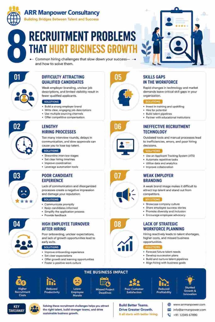 Infographic outlining eight recruitment problems that hurt business growth, including talent shortages, lengthy hiring processes, poor candidate experience, employee turnover, skills gaps, weak employer branding, outdated recruitment technology, and lack of workforce planning.