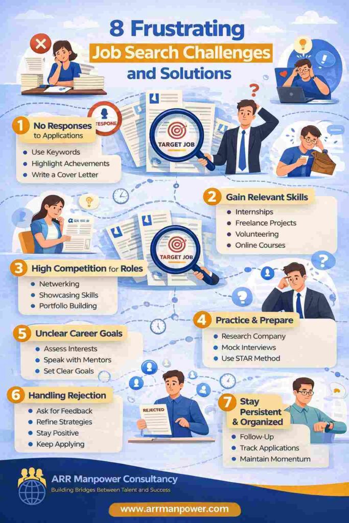 Infographic highlighting 8 frustrating job search challenges and practical solutions, including application rejections, lack of responses, interview preparation, skill development, networking, career planning, and staying organized during the job search process.