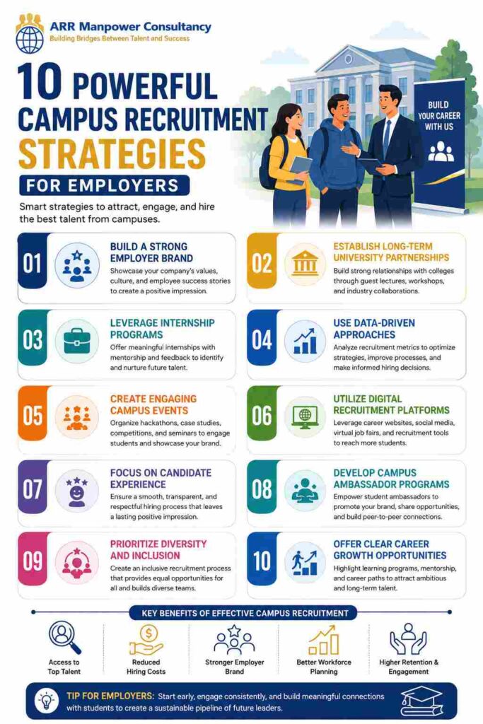 Infographic showcasing 10 powerful campus recruitment strategies for employers, including employer branding, internship programs, university partnerships, candidate experience, diversity hiring, and career development opportunities.