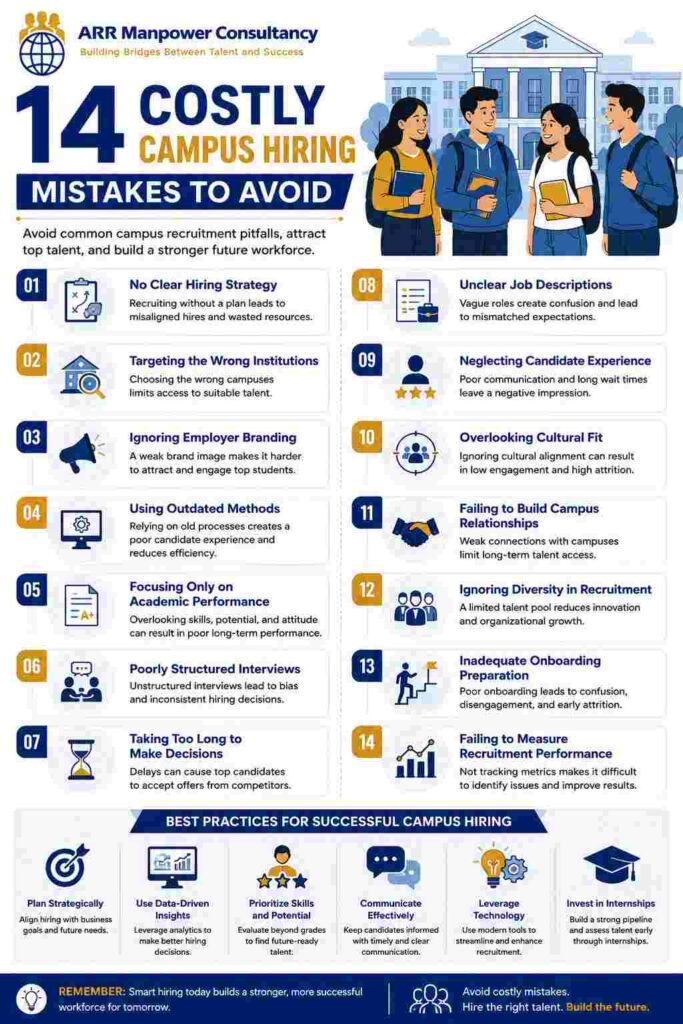 Infographic illustrating 14 costly campus hiring mistakes to avoid, featuring recruitment challenges, student talent acquisition strategies, and best practices for successful campus recruitment by ARR Manpower Consultancy.