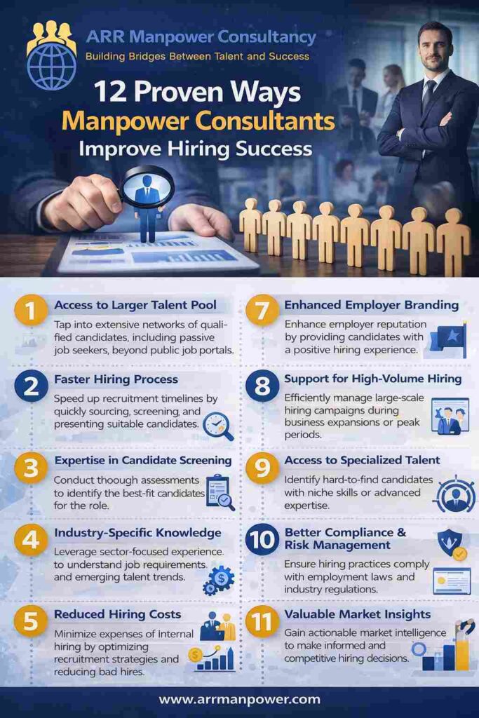 Infographic highlighting 12 proven ways manpower consultants improve hiring success, including talent sourcing, faster recruitment, candidate screening, employer branding, cost reduction, compliance, and employee retention.